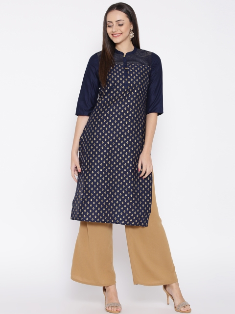

AURELIA Women Navy & Golden Printed Straight Kurta, Navy blue