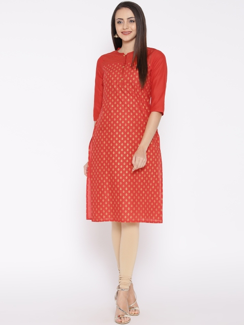 

AURELIA Women Coral Orange Printed Straight Kurta