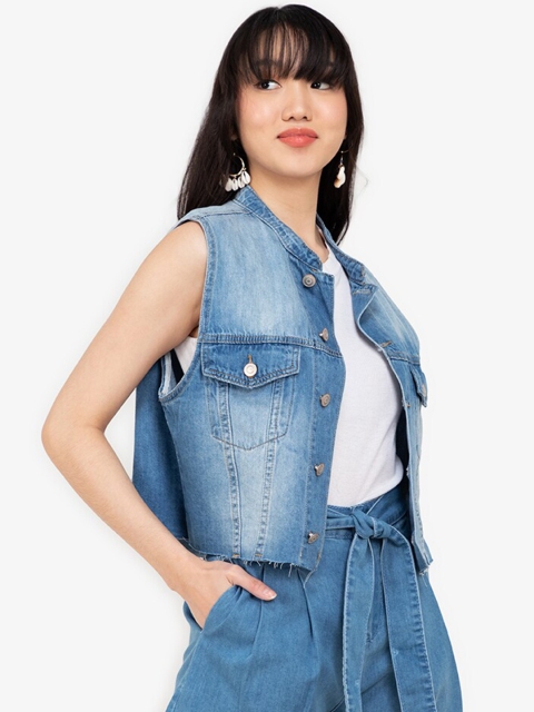 

ZALORA BASICS Women Blue Washed Cropped Denim Vest Jacket
