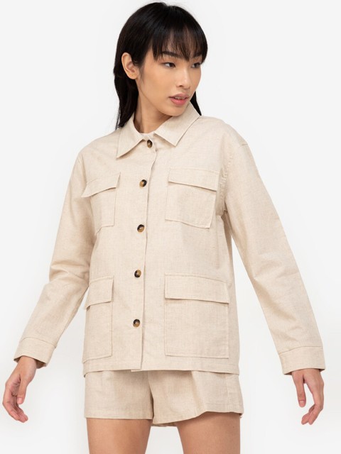 

ZALORA BASICS Women Beige Linen Cotton Tailored Jacket