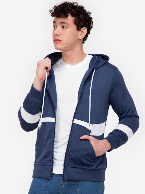 

ZALORA BASICS Men Blue Striped Hooded Sweatshirt