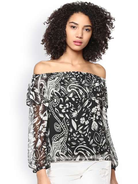 

Harpa Black & White Printed Semi-Sheer Bardot Top