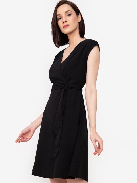 

ZALORA WORK Women Black Solid V-neck Wrap Dress