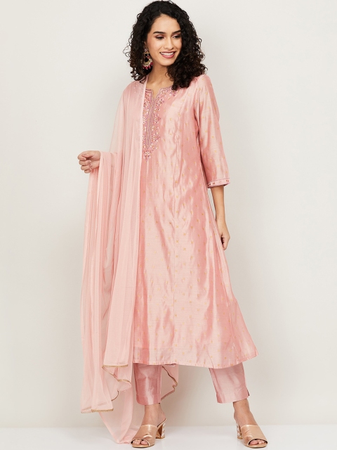 

Melange by Lifestyle Women Peach-Coloured Yoke Design Thread Work Kurta with Trousers & With Dupatta