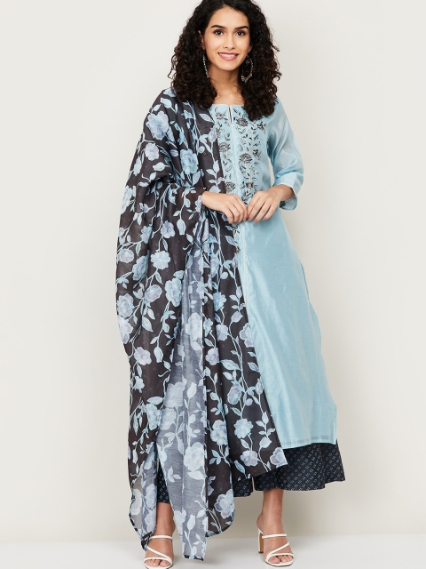 

Melange by Lifestyle Women Blue Floral Yoke Design Kurta With Palazzos & Dupatta