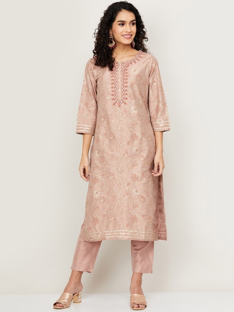 

Melange by Lifestyle Women Pink Floral Embroidered Kurta with Trousers & With Dupatta