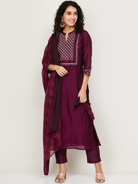 

Melange by Lifestyle Women Red Floral Yoke Design Kurta with Trousers & With Dupatta