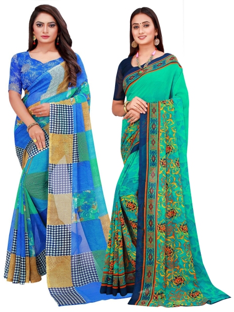 

KALINI Pack of 2 Green & Blue Floral Pure Georgette Saree