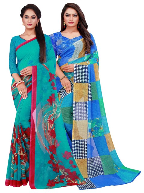 

KALINI Pack of 2 Blue & Red Pure Georgette Saree