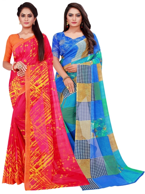 

KALINI Pack of 2 Blue & Pink Pure Georgette Saree
