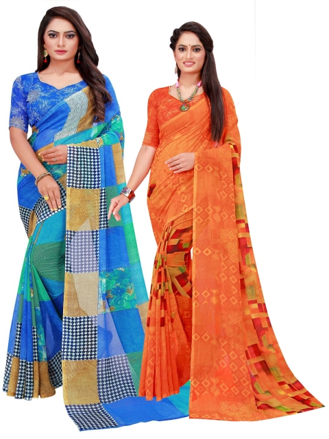 

KALINI Pack of 2 Printed Pure Georgette Sarees, Orange