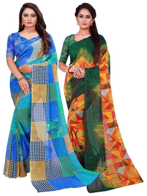 

KALINI Set Of 2 Blue & Green Printed Pure Georgette Saree