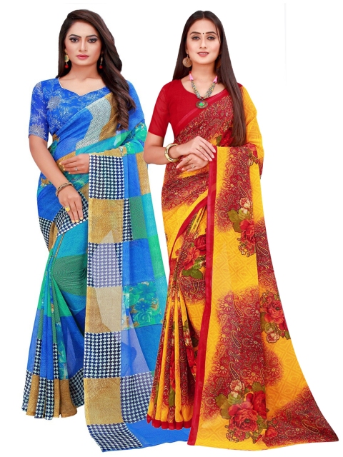 

KALINI Blue & Maroon Set of 2 Floral Pure Georgette Saree