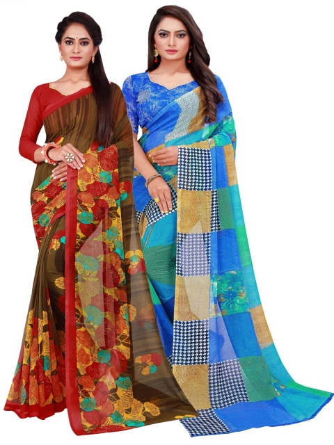 

KALINI Pack Of 2 Blue & Brown Pure Georgette Saree