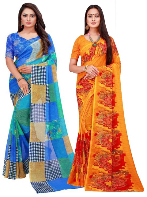 

KALINI Pack of 2 Orange & Blue Floral Pure Georgette Sarees