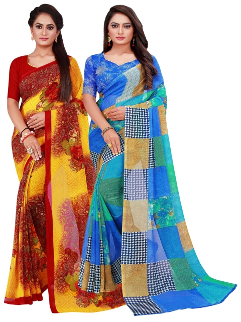 

KALINI Pack of 2 Yellow & Blue Pure Georgette Sarees