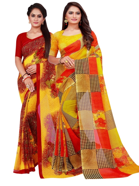 

KALINI Maroon & Yellow Set of 2 Floral Printed Georgette Saree