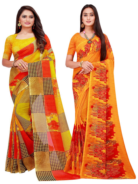 

KALINI Orange & Yellow Printed Pure Georgette Saree Pack Of 2