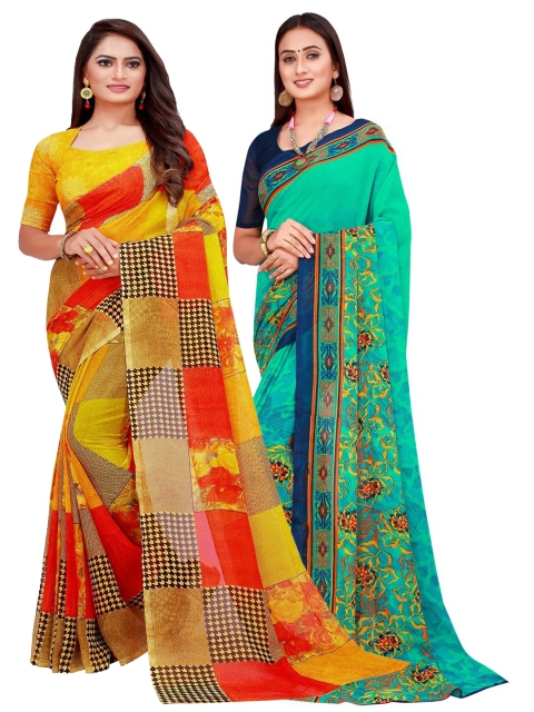 

KALINI Pack Of 2 Green & Red Floral Printed Pure Georgette Saree