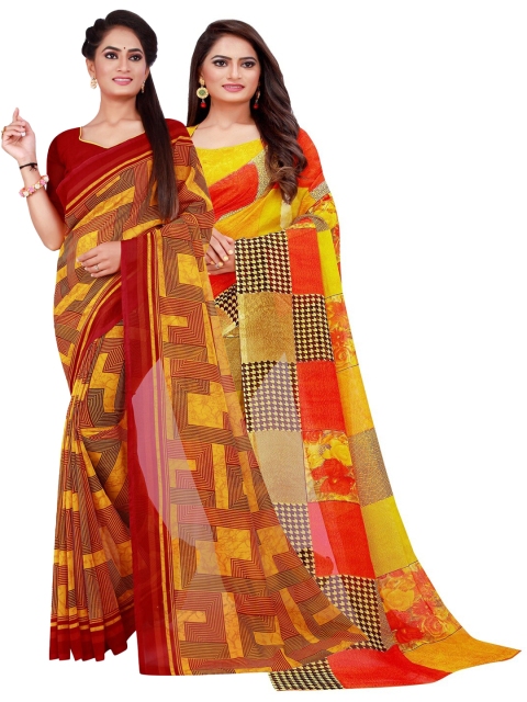 

KALINI Pack of 2 Printed Pure Georgette Sarees, Maroon