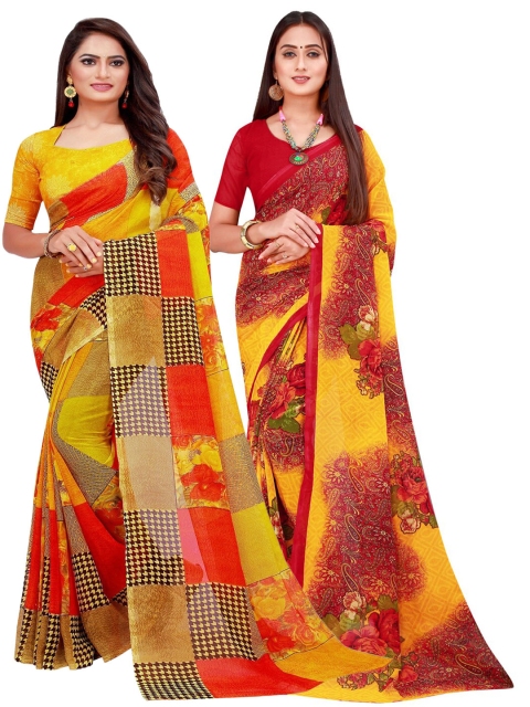 

KALINI Yellow & Maroon Pack of 2 Printed Pure Georgette Saree