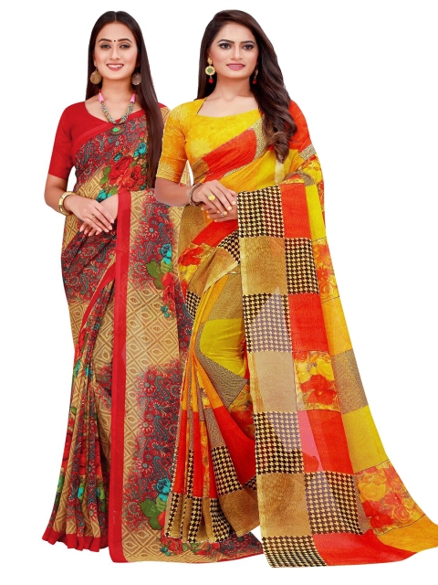 

KALINI Pack of 2 Yellow & Red Floral Pure Georgette Sarees