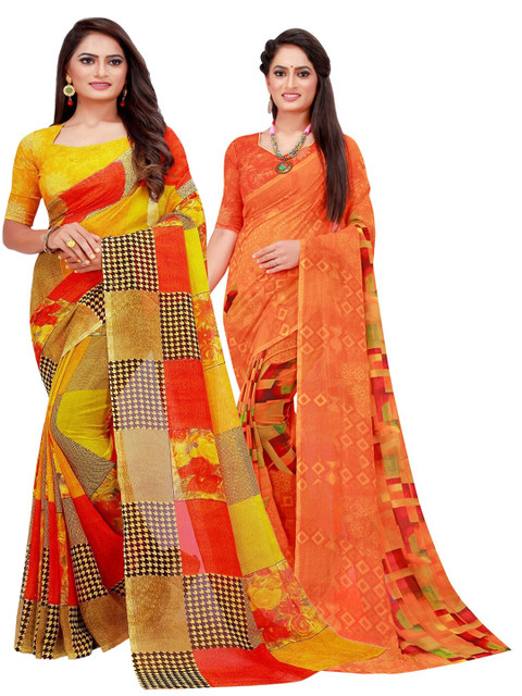 

KALINI Orange & Yellow Printed Pure Georgette Saree Pack Of 2