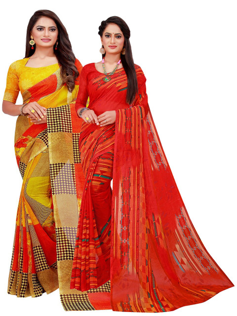 

KALINI Pack Of 2 Yellow & Red Pure Georgette Saree
