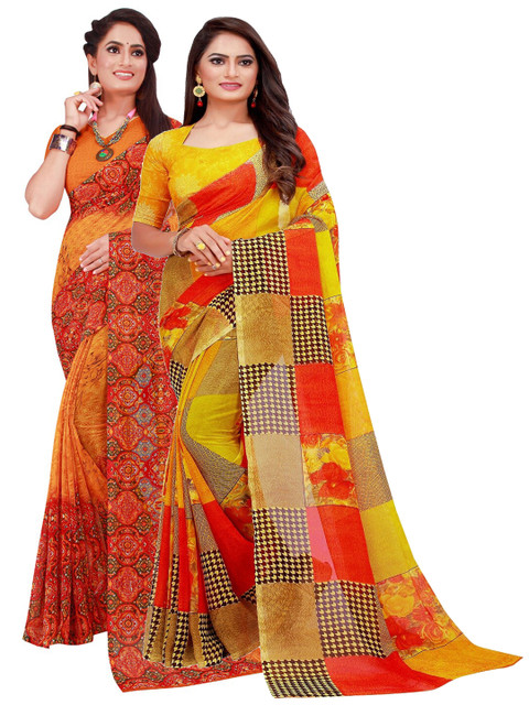 

KALINI Pack of 2 Orange & Yellow Floral Pure Georgette Sarees
