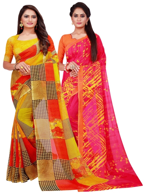 

KALINI Set Of 2 Yellow & Pink Printed Pure Georgette Saree