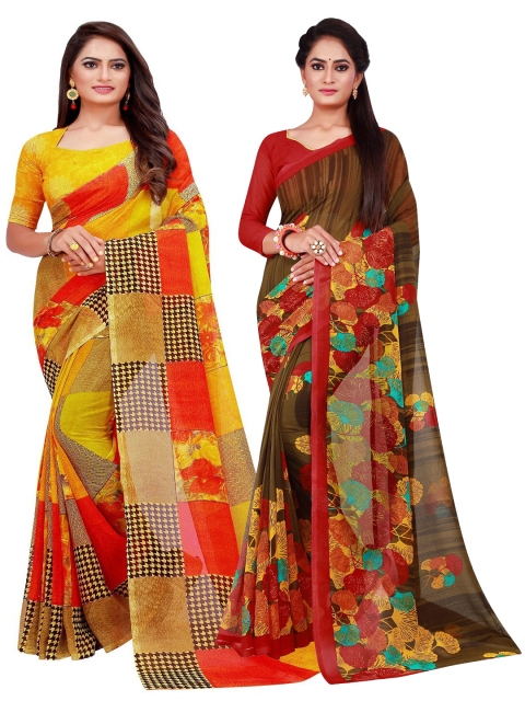 

KALINI Yellow & Olive Green Set of 2 Floral Printed Georgette Saree