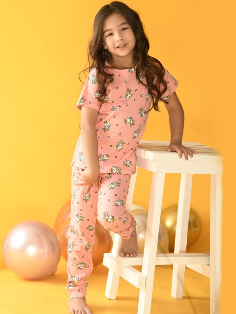 

Anthrilo Girls Pink & White Printed Pure Cotton Night suit