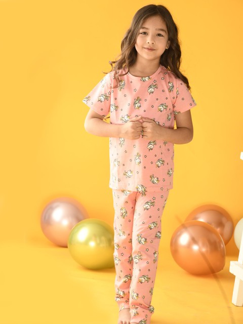 

Anthrilo Girls Pink & White Printed Cotton Night suit