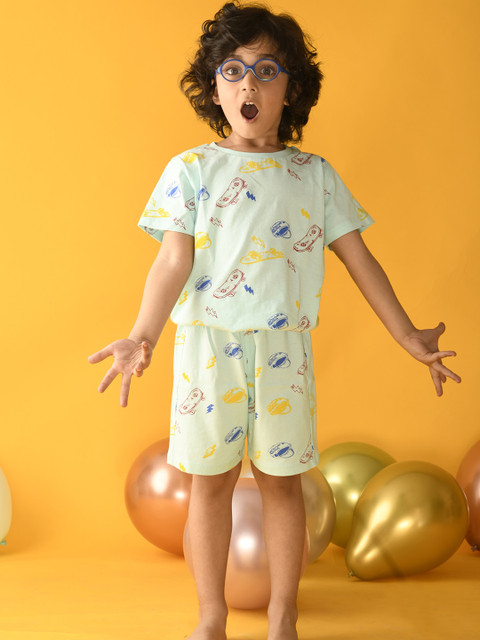 

Anthrilo Boys Sea Green & Yellow Printed Pure Cotton Night suit