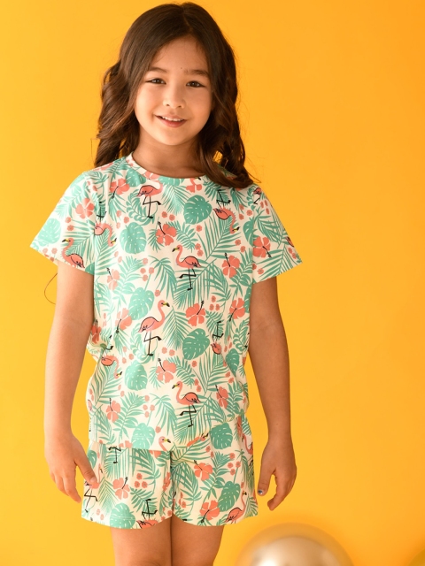 

Anthrilo Girls Off-White & Green Printed Pure Cotton Night Suit