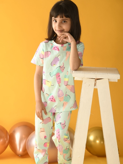 

Anthrilo Girls Sea Green & Pink Printed Cotton Night suit