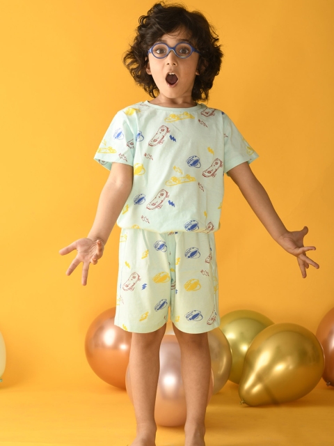 

Anthrilo Boys Sea Green & Yellow Conversational Printed Pure Cotton Night Suit