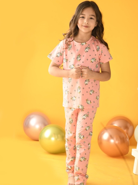 

Anthrilo Girls Pink & White Printed Cotton Night suit