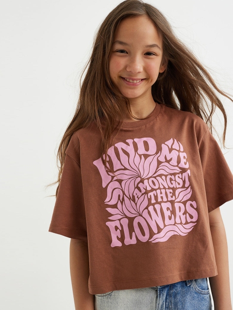 

H&M Girls Brown Cropped Cotton T-Shirt