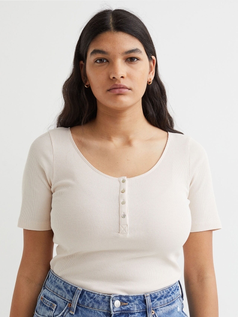 

H&M Women Pink Henley Neck Ribbed Button-Placket T-Shirt