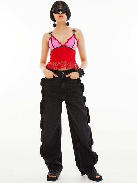 

H&M Women Black Loose Fit Flounce-trimmed Jeans