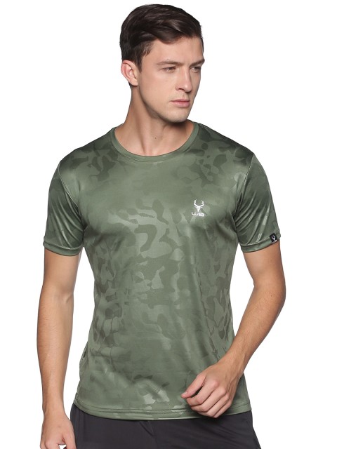 

Wildbrocket Men Green Printed Extended Sleeves Slim Fit Training or Gym T-shirt