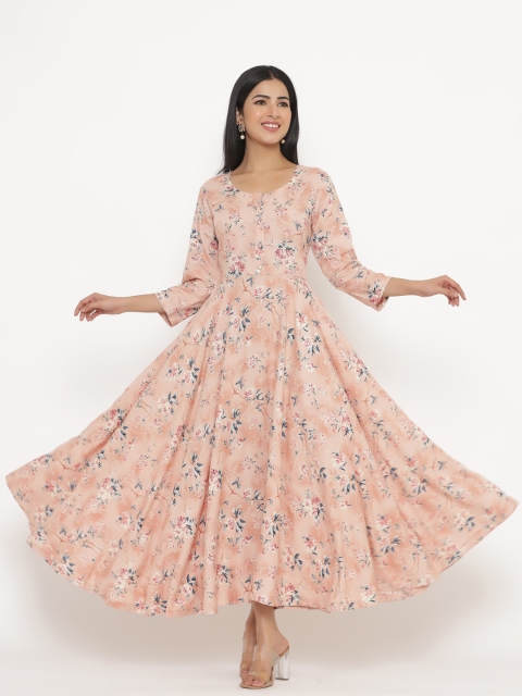 

JAVTA Women Pink Floral Printed Cold-Shoulder Sleeves Thread Work Anarkali Kurta