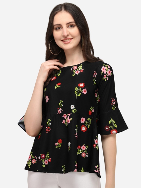 

Anaita Black Floral Print Crepe Top