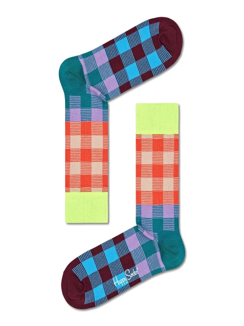 

Happy Socks Unisex Blue & Orange Checked Cotton Above Ankle-Length Socks