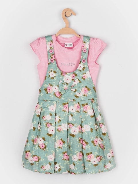 

Peppermint Girls Sea Green & Pink Printed Pure Cotton Dungarees