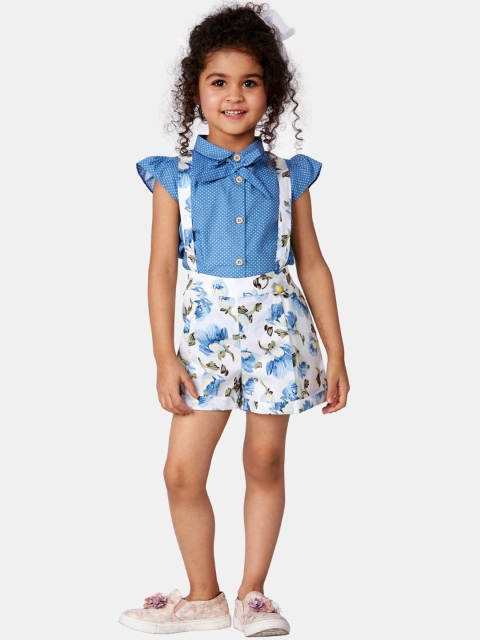 

Peppermint Girls Blue & White Floral Printed Dungaree with Top