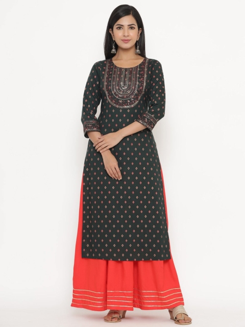 

JAVTA Women Green Ethnic Motifs Embroidered Mirror Work Mirror Work Kurti