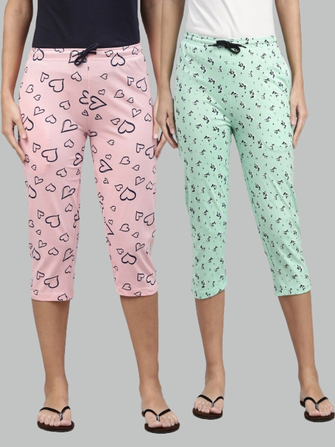 

Kryptic Women Pack of 2 Pink & Green Printed Cotton Capris