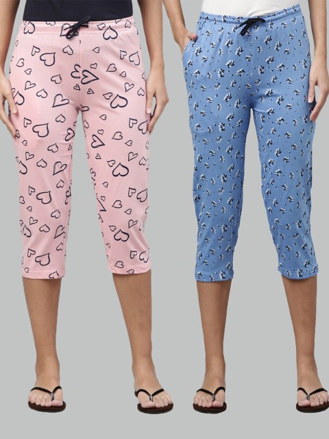 

Kryptic Women Pink & Blue Set Of 2 Pure Cotton Printed Capris